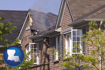 house fire damage with a smoldering roof - with Louisiana icon