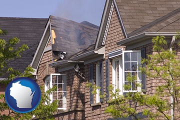house fire damage with a smoldering roof - with Wisconsin icon
