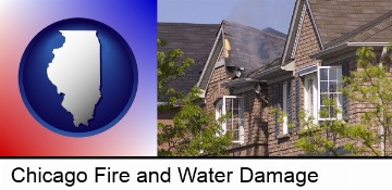 house fire damage with a smoldering roof in Chicago, IL