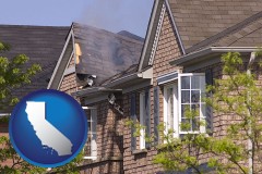 california map icon and house fire damage with a smoldering roof