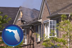florida map icon and house fire damage with a smoldering roof