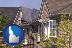 idaho map icon and house fire damage with a smoldering roof