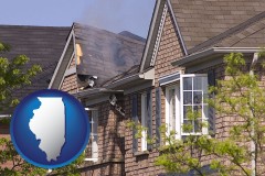 illinois map icon and house fire damage with a smoldering roof