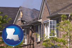 louisiana map icon and house fire damage with a smoldering roof