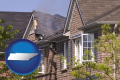 tennessee map icon and house fire damage with a smoldering roof