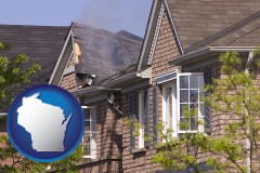 wisconsin map icon and house fire damage with a smoldering roof